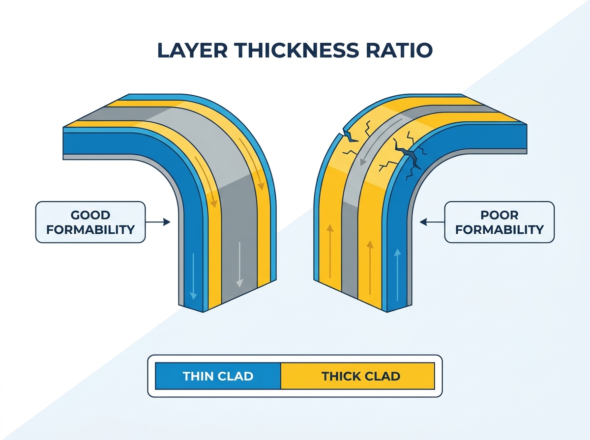 Clad metal strip forming and layer thickness ratio analysis